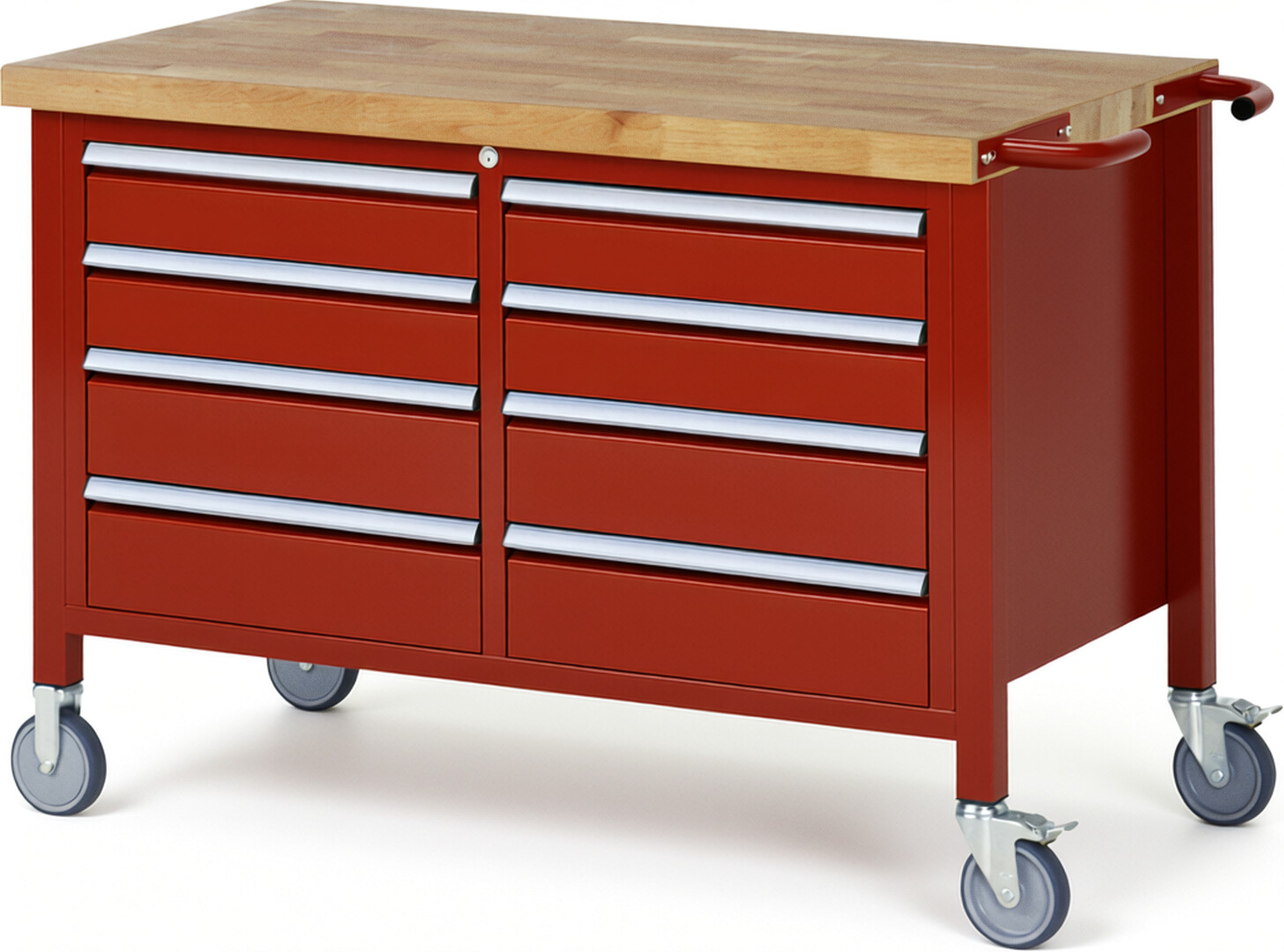 Fahrbare Werkbank Modell 8477 rot, BxTxH 1250x700x880 mm,  Buche-Massiv Arbeitsplatte 40 mm,  8 Schubladen mit  Auszug 90 %