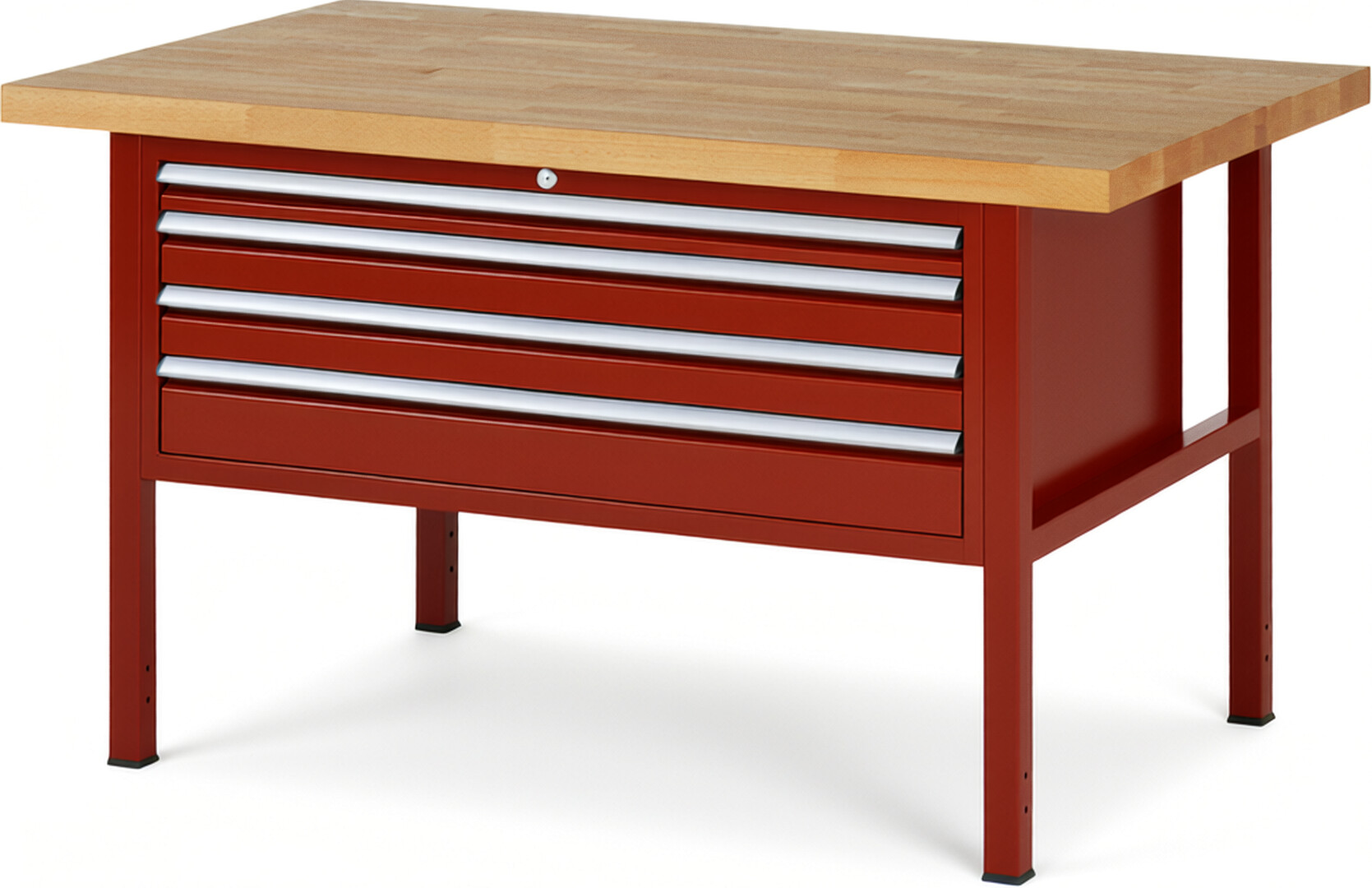 Werkbank Modell 8332 rot, BxTxH 1500x900x840-1040 mm,  Buche-Massiv Arbeitsplatte 40 mm,  4 Schubladen mit  Vollauszug 100 % und  SoftClosing