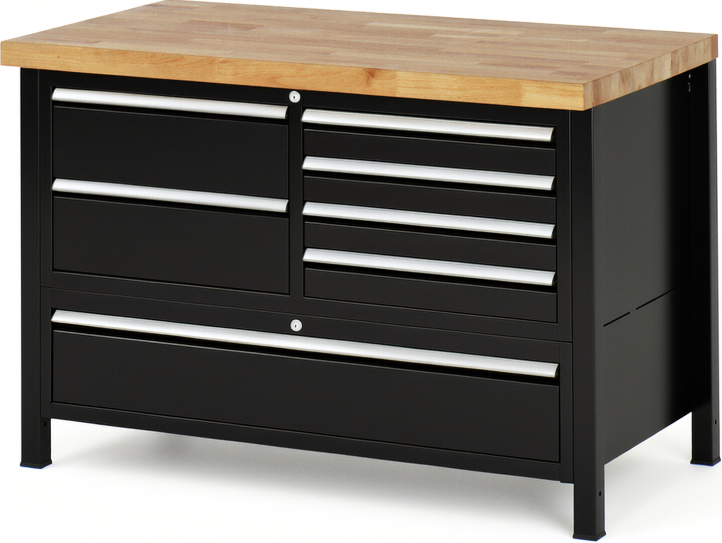 Werkbank Modell 8931 schwarz, BxTxH 1250x700x840 mm,  Buche-Massiv Arbeitsplatte 40 mm,  7 Schubladen mit  Auszug 90 %