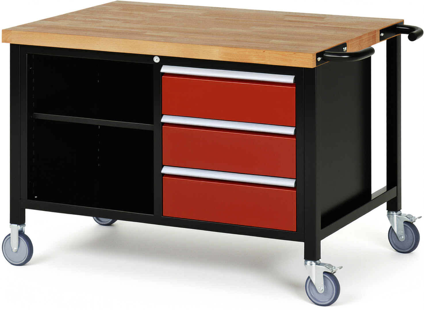 RAU Werkbank schwarz - rot - Breite 125 cm - Tiefe 90 cm - Höhe 108 cm - Buche-Massiv Arbeitsplatte 40 mm