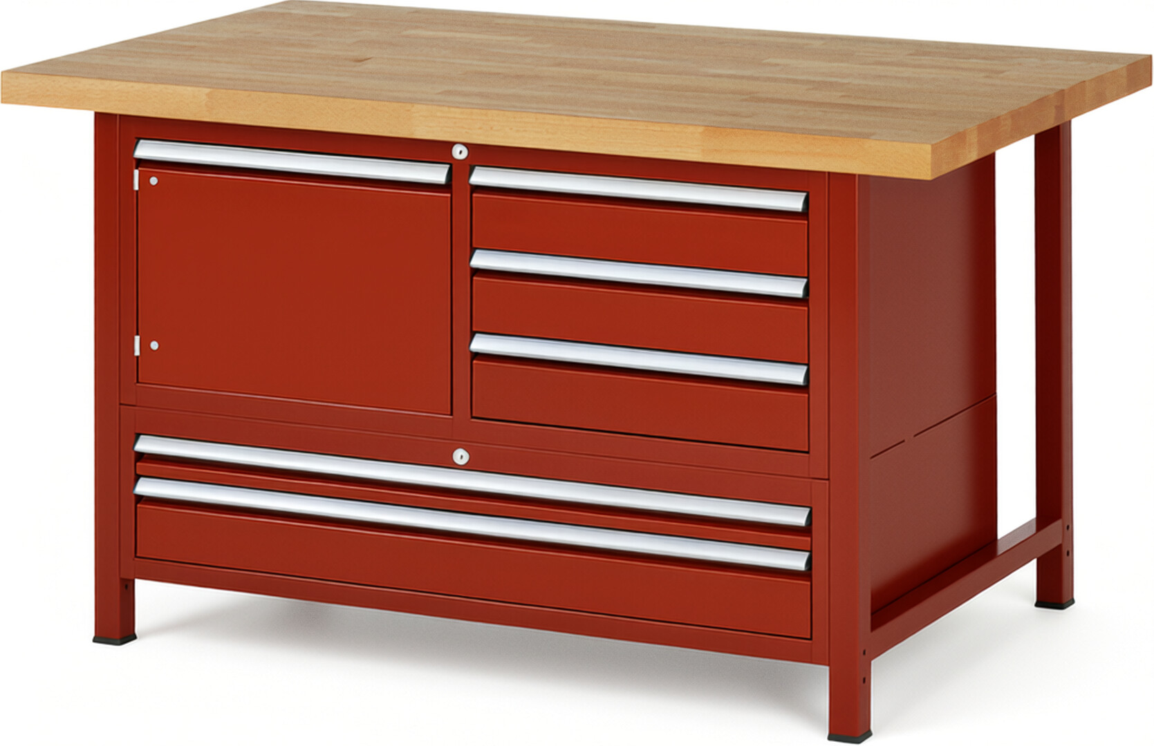 Werkbank Modell 8932 rot, BxTxH 1500x900x840 mm,  Buche-Massiv Arbeitsplatte 40 mm,  5 Schubladen mit  Vollauszug 100 % und  SoftClosing