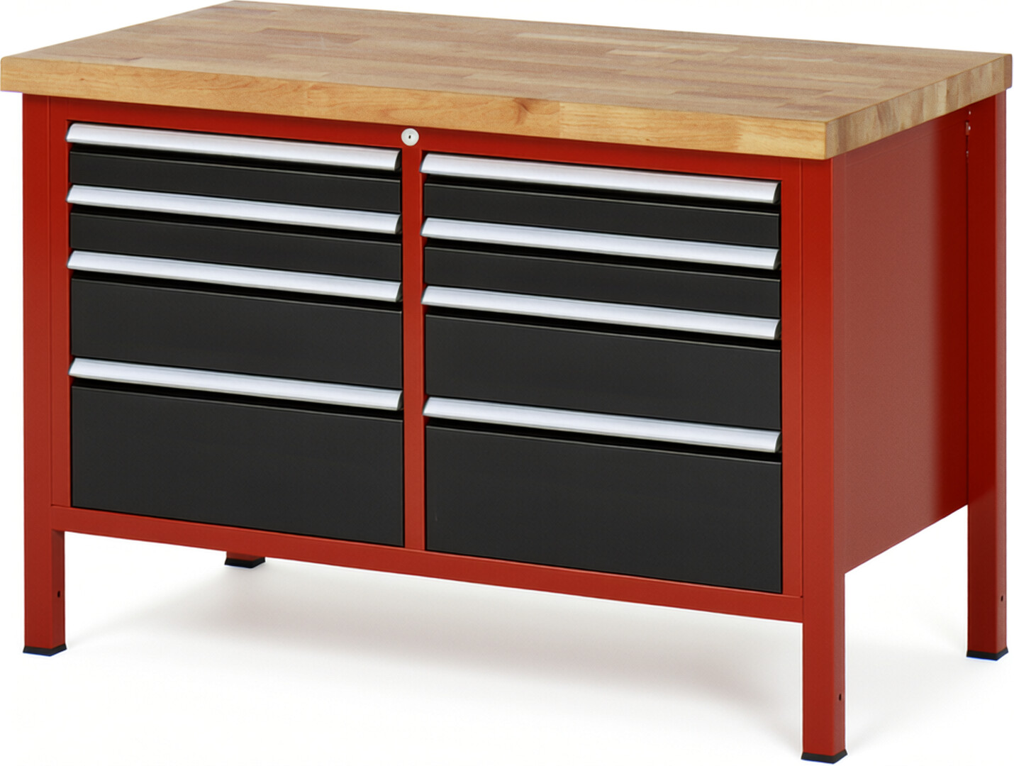 Werkbank Modell 8478 rot - schwarz, BxTxH 1250x700x840 mm,  Buche-Massiv Arbeitsplatte 40 mm,  8 Schubladen mit  Auszug 90 %