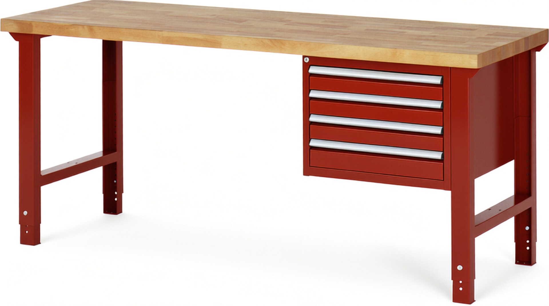 Werkbank Modell 7133 rot, BxTxH 2000x700x790-1140 mm,  Buche-Massiv Arbeitsplatte 40 mm,  4 Schubladen mit  Auszug 90 %