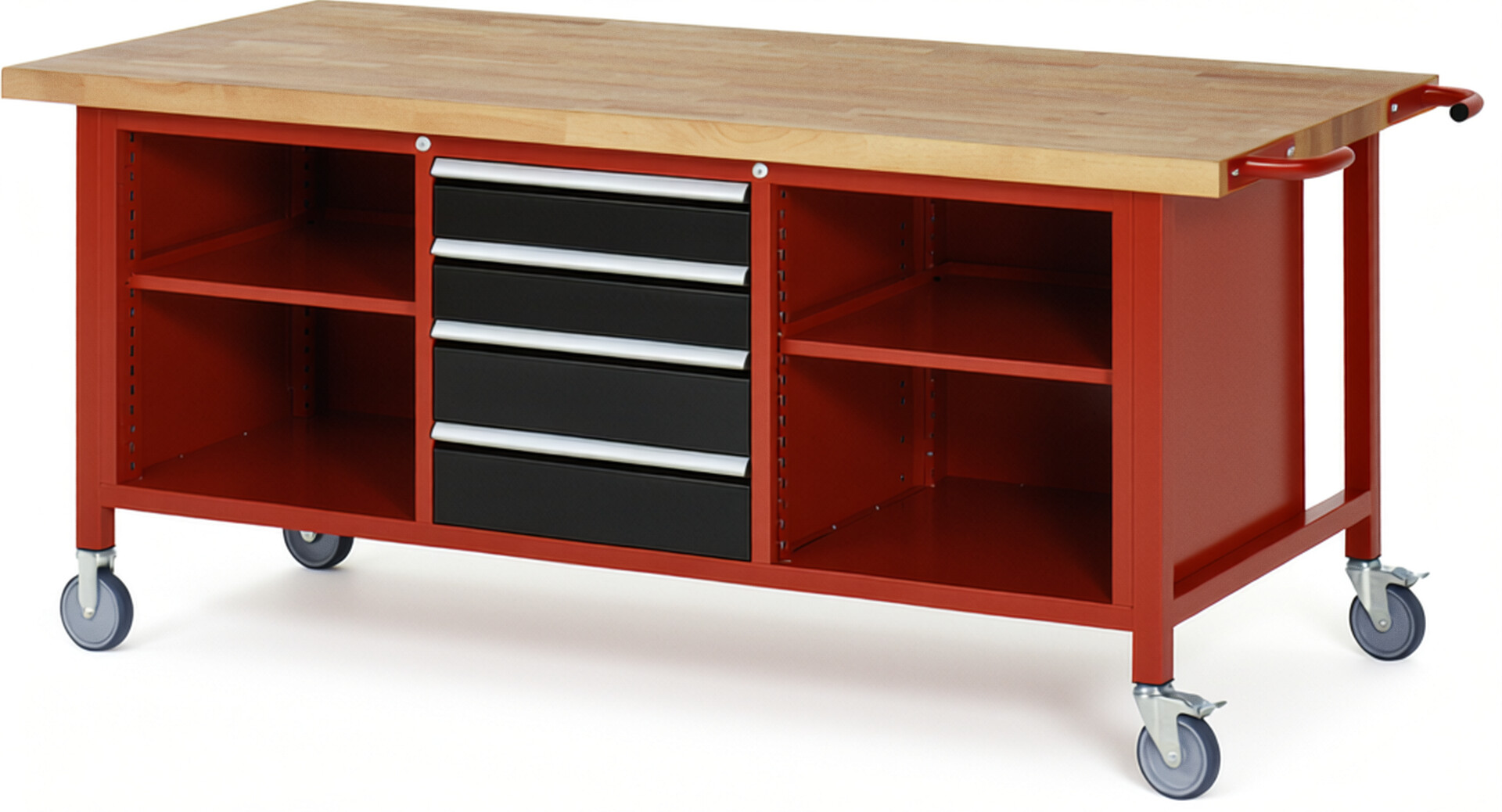 Fahrbare Werkbank Modell 8566 rot - schwarz, BxTxH 2000x900x880-1080 mm,  Buche-Massiv Arbeitsplatte 40 mm,  4 Schubladen mit  Auszug 90 %
