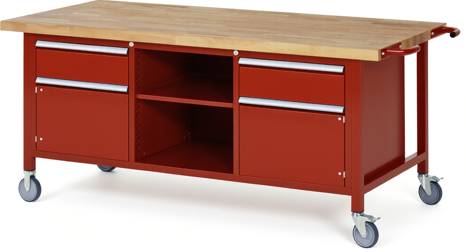 Fahrbare Werkbank Modell 8561 rot, BxTxH 2000x900x880 mm,  Buche-Massiv Arbeitsplatte 40 mm,  2 Schubladen mit  Auszug 90 %