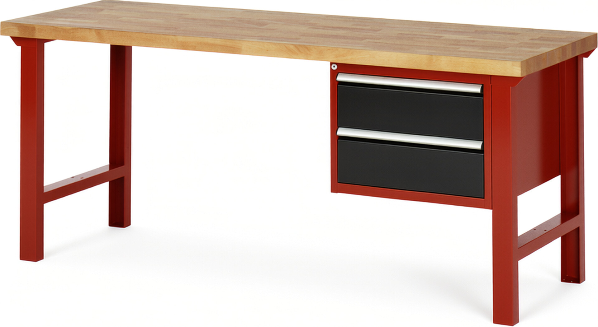 Werkbank Modell 7125 rot - schwarz, BxTxH 2000x700x840 mm,  Buche-Massiv Arbeitsplatte 40 mm,  2 Schubladen mit  Auszug 90 %