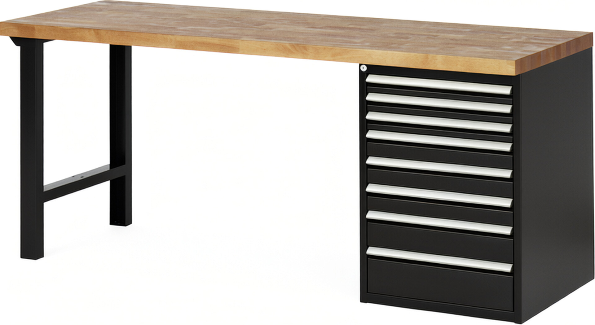 Werkbank Modell 7519 schwarz, BxTxH 2000x700x890 mm,  Buche-Massiv Arbeitsplatte 40 mm,  8 Schubladen mit  Vollauszug 100 % und  SoftClosing