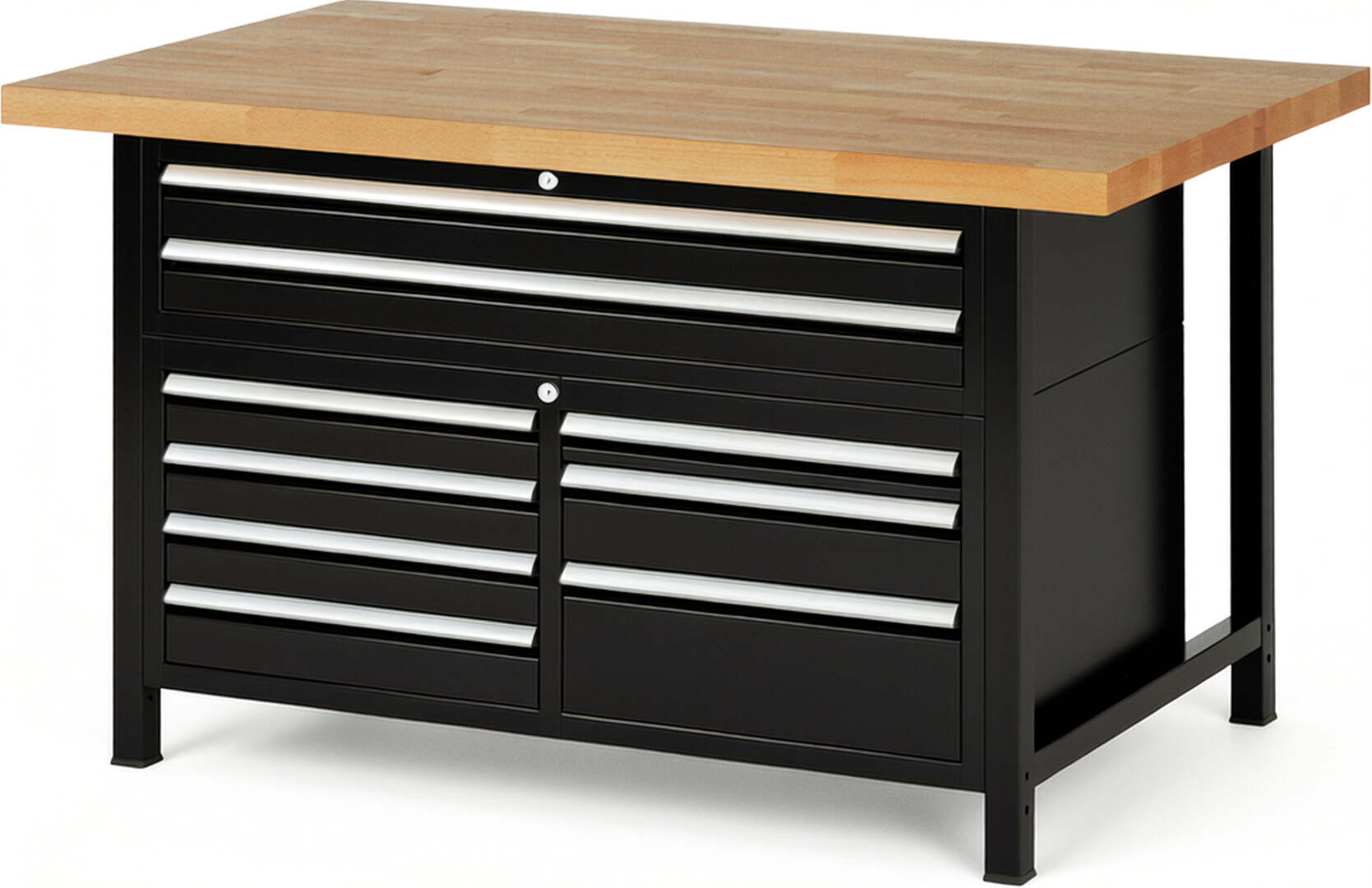 Werkbank Modell 8923 schwarz, BxTxH 1500x900x840 mm,  Buche-Massiv Arbeitsplatte 40 mm,  9 Schubladen mit  Vollauszug 100 % und  SoftClosing