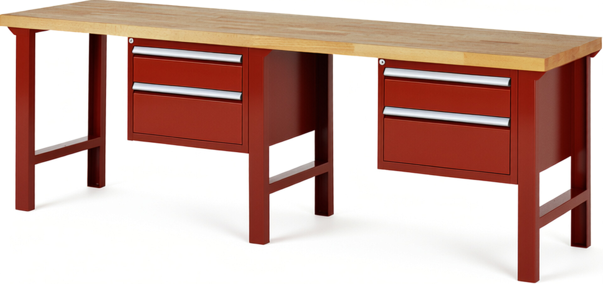 Werkbank Modell 7123 rot, BxTxH 2500x700x840 mm,  Buche-Massiv Arbeitsplatte 40 mm,  4 Schubladen mit  Auszug 90 %