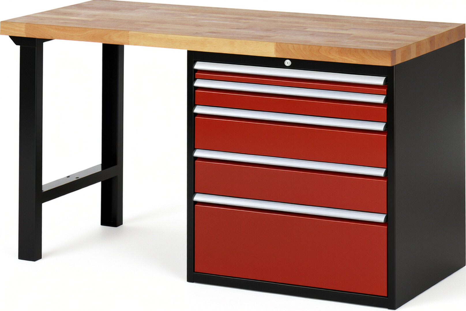 RAU Werkbank schwarz - rot - Breite 150 cm - Tiefe 70 cm - Höhe 89 cm - Buche-Massiv Arbeitsplatte 40 mm