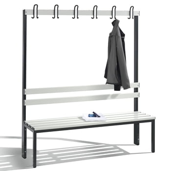 C+P Sitzbank für Umkleide und Garderobe, Rückenlehne und 6 Doppelhaken, Gestellfarbe schwarzgrau, Kunststoffleisten, 1.650 x 1.500 x 403 mm (HxBxT)