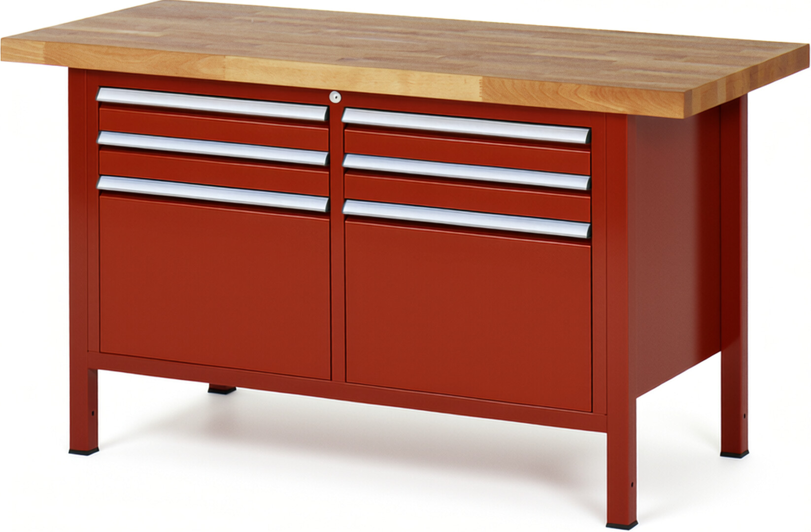 Werkbank Modell 8474 rot, BxTxH 1500x700x840 mm,  Buche-Massiv Arbeitsplatte 40 mm,  6 Schubladen mit  Vollauszug 100 % und  SoftClosing