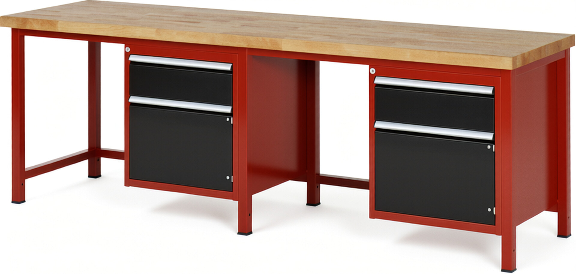 Werkbank Modell 8152 rot - schwarz, BxTxH 2500x700x840 mm,  Buche-Massiv Arbeitsplatte 40 mm,  2 Schubladen mit  Auszug 90 %