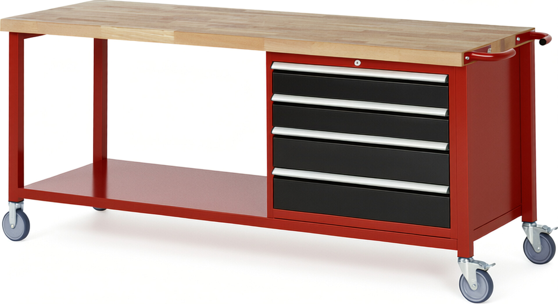 Fahrbare Werkbank Modell 8262 rot - schwarz, BxTxH 2000x700x880-1080 mm,  Buche-Massiv Arbeitsplatte 40 mm,  4 Schubladen mit  Vollauszug 100 % und  SoftClosing
