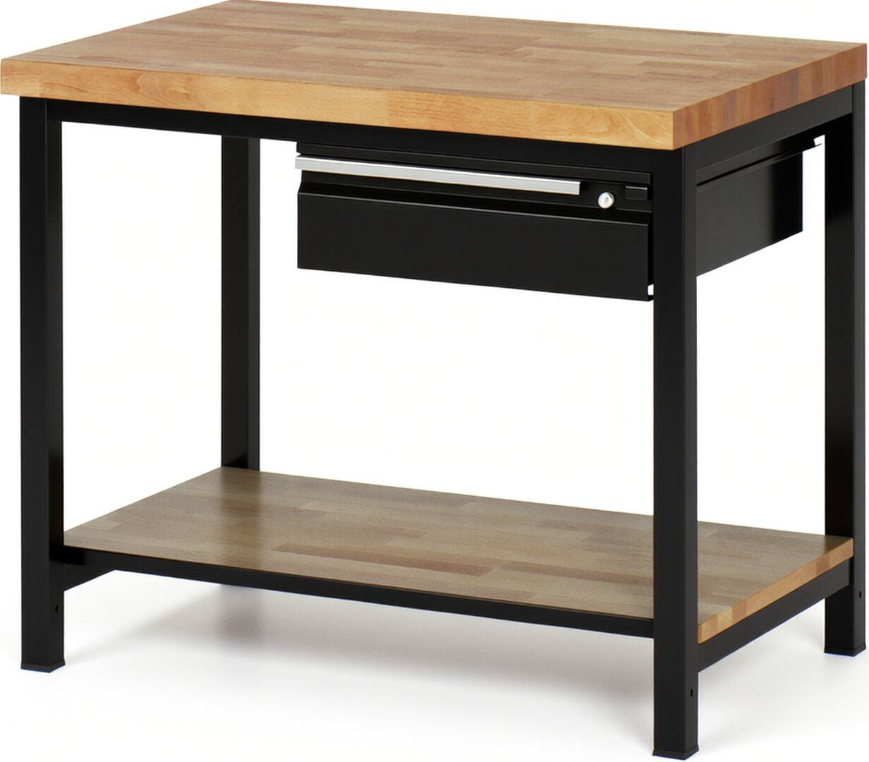 Werkbank - Modell 8001 BASIC schwarz, BxTxH 1000x700x840 mm,  Buche-Massiv Arbeitsplatte 40 mm,  1 Schublade mit  Auszug 90 %