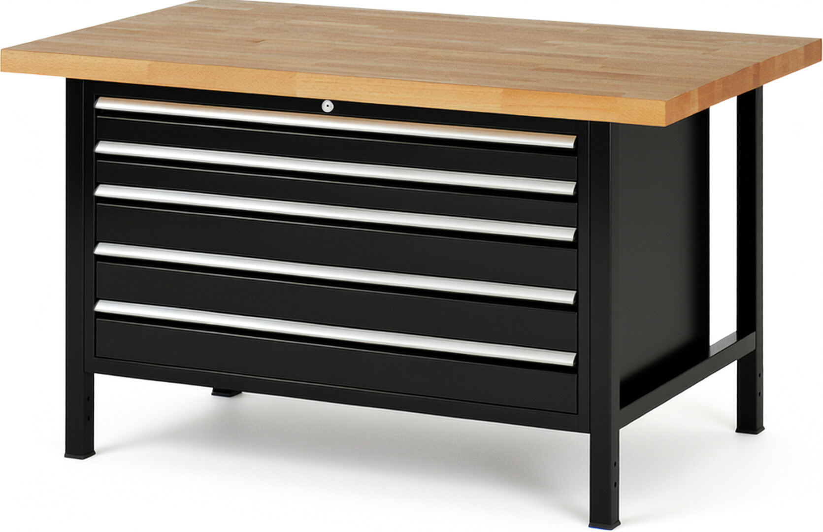 Werkbank Modell 8371 schwarz, BxTxH 1500x900x840 mm,  Buche-Massiv Arbeitsplatte 40 mm,  5 Schubladen mit  Vollauszug 100 % und  SoftClosing