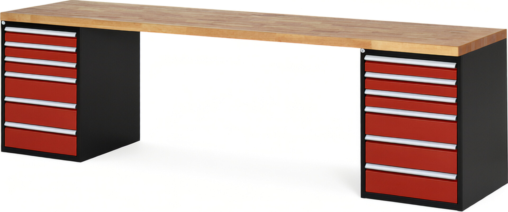 RAU Werkbank schwarz - rot - Breite 300 cm - Tiefe 70 cm - Höhe 89 cm - Buche-Massiv Arbeitsplatte 40 mm