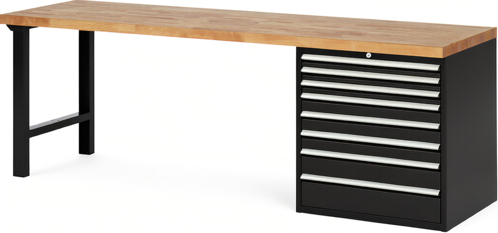 Werkbank Modell 7619 schwarz, BxTxH 2500x700x890 mm,  Buche-Massiv Arbeitsplatte 40 mm,  8 Schubladen mit  Auszug 90 %