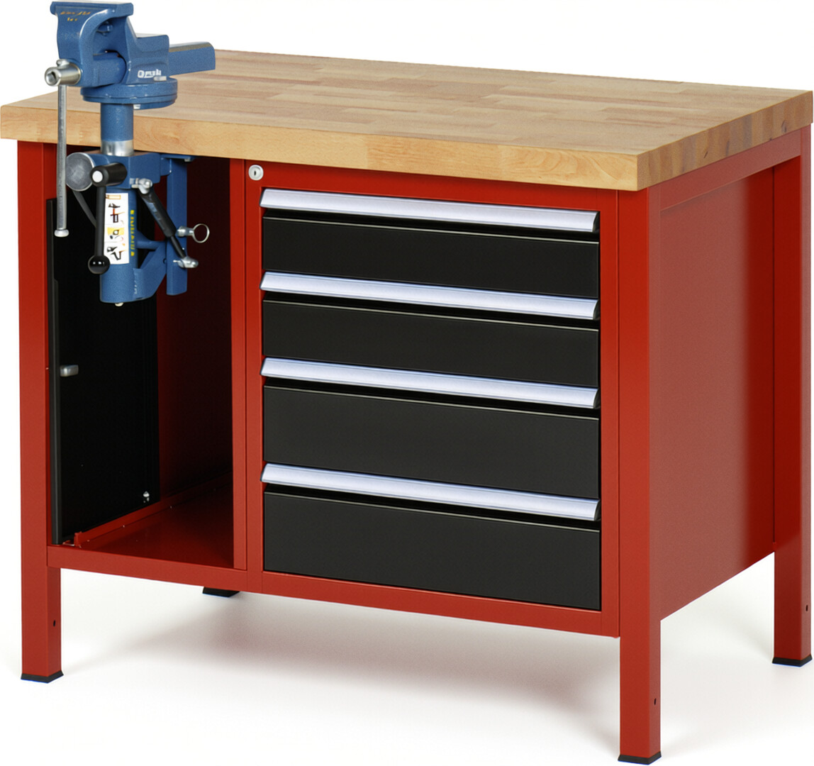 Werkbank Modell 8185 rot - schwarz, BxTxH 1000x700x840-1040 mm,  Buche-Massiv Arbeitsplatte 40 mm,  4 Schubladen mit  Auszug 90 %