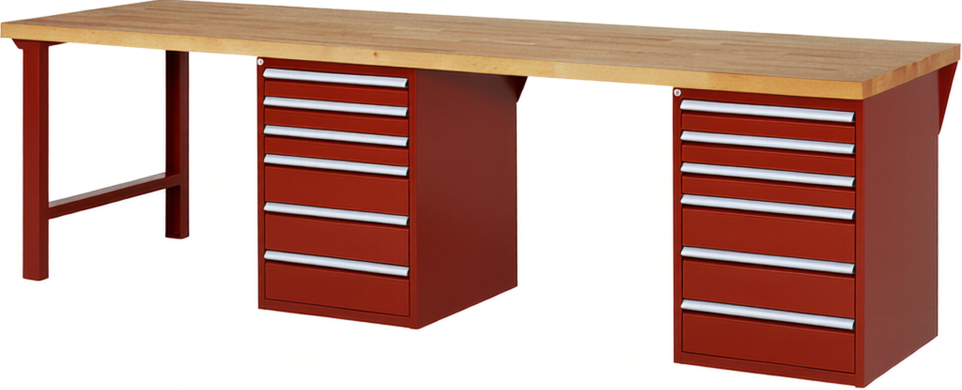 Werkbank Modell 7515 rot, BxTxH 3000x900x890 mm,  Buche-Massiv Arbeitsplatte 40 mm,  12 Schubladen mit  Auszug 90 %
