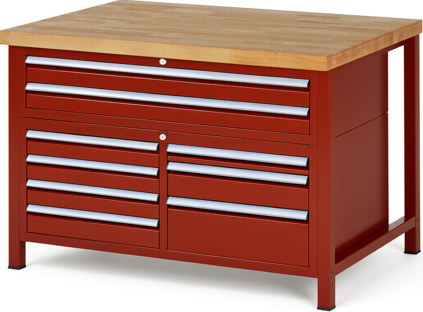 Werkbank Modell 8923 rot, BxTxH 1250x900x840 mm,  Buche-Massiv Arbeitsplatte 40 mm,  9 Schubladen mit  Auszug 90 %