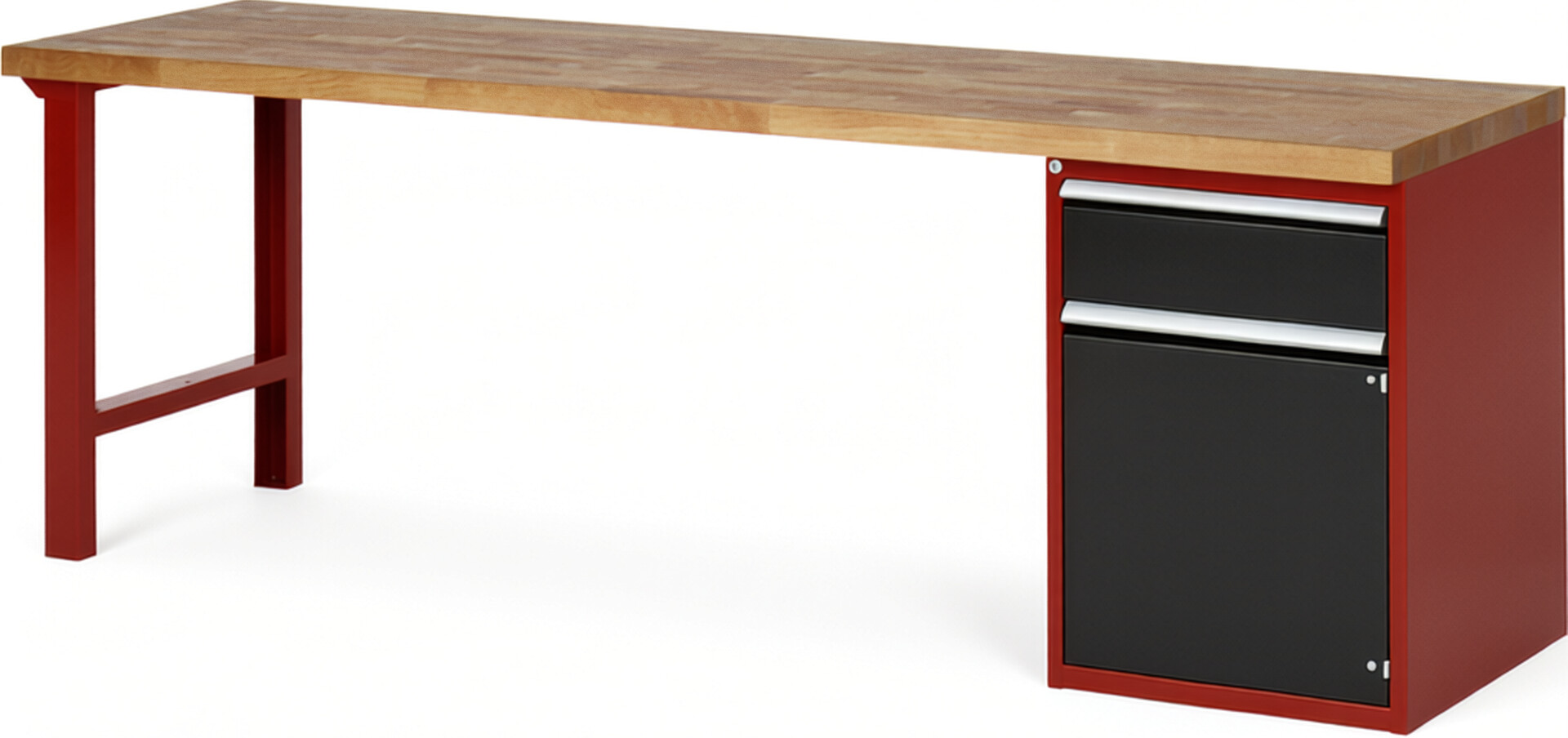 Werkbank Modell 7502 rot - schwarz, BxTxH 2500x700x890 mm,  Buche-Massiv Arbeitsplatte 40 mm,  1 Schublade mit  Auszug 90 %
