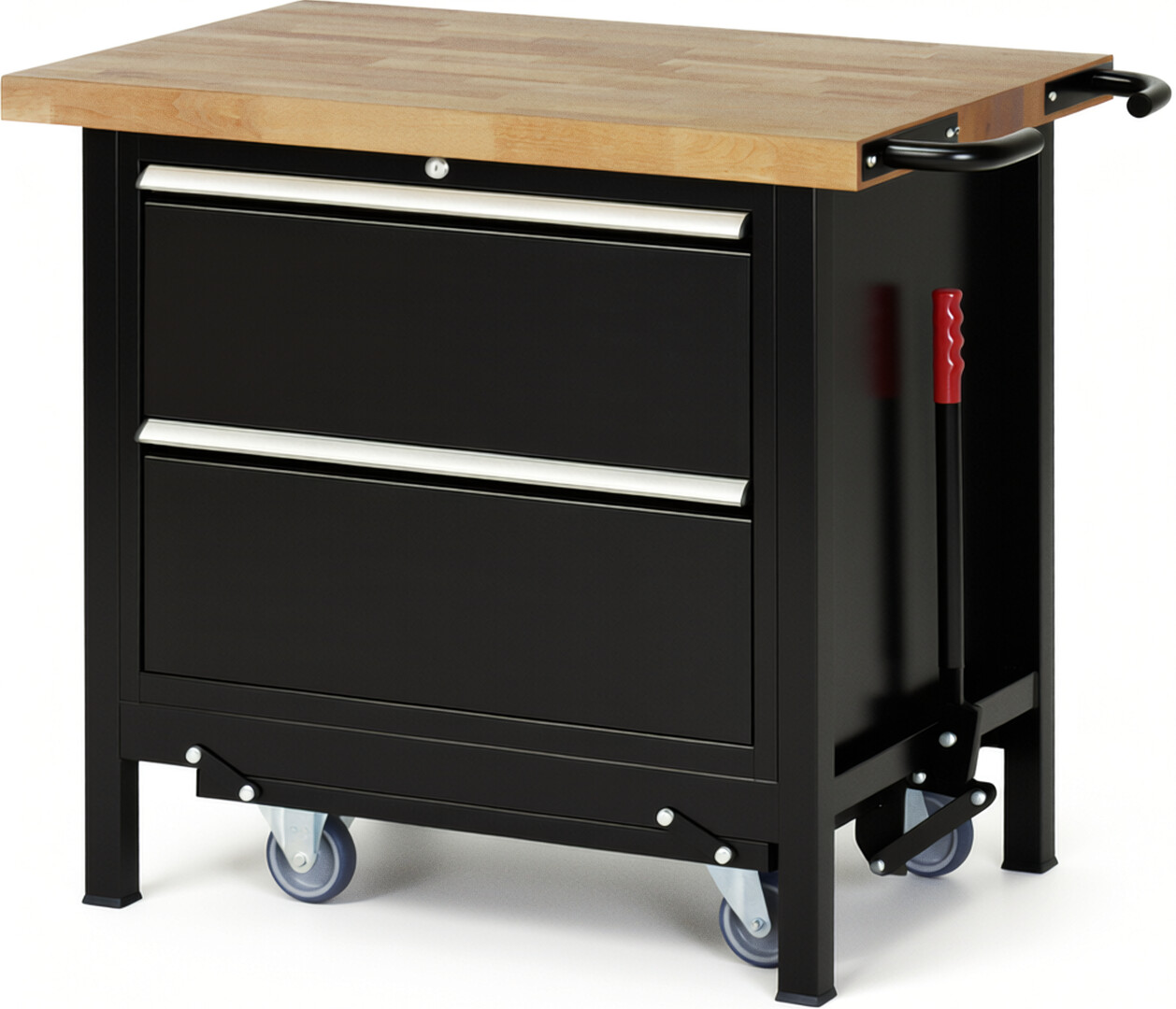 Absenkbare Werkbank Modell 8255 schwarz, BxTxH 1000x700x880 mm,  Buche-Massiv Arbeitsplatte 40 mm,  2 Schubladen mit  Auszug 90 %