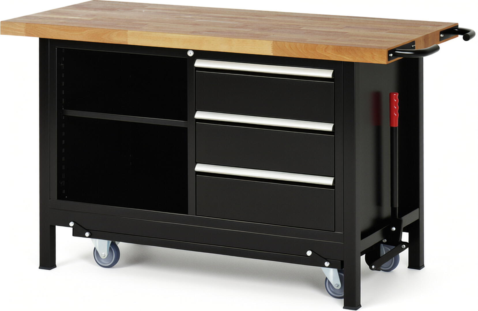 Absenkbare Werkbank Modell 8462 schwarz, BxTxH 1500x700x880 mm,  Buche-Massiv Arbeitsplatte 40 mm,  3 Schubladen mit  Auszug 90 %