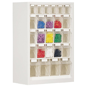 Kleinteilemagazin - Hängeschrank, BxTxH 665x250x910 mm, 25 Kästen, 6xGr. 6, 15xGr. 5, 4xGr. 4, RAL 7035 lichtgrau