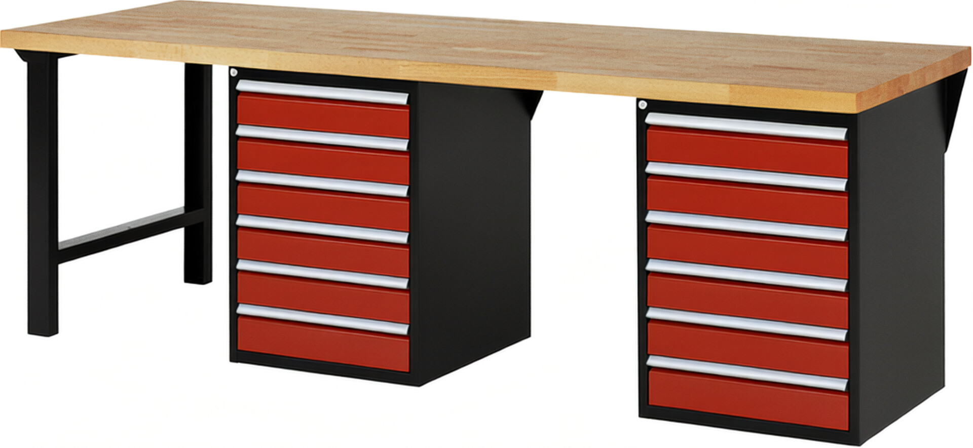 RAU Werkbank schwarz - rot - Breite 250 cm - Tiefe 90 cm - Höhe 89 cm - Buche-Massiv Arbeitsplatte 40 mm