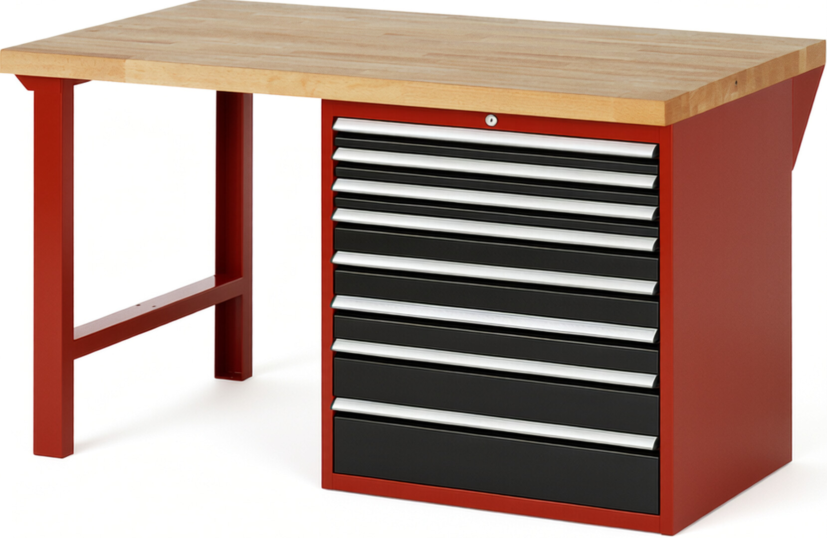 Werkbank Modell 7619 rot - schwarz, BxTxH 1500x900x890 mm,  Buche-Massiv Arbeitsplatte 40 mm,  8 Schubladen mit  Vollauszug 100 % und  SoftClosing