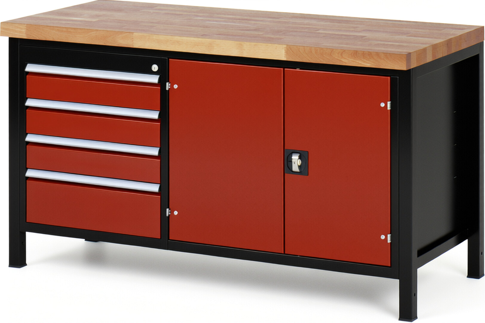 RAU Werkbank schwarz - rot - Breite 150 cm - Tiefe 70 cm - Höhe 104 cm - Buche-Massiv Arbeitsplatte 40 mm