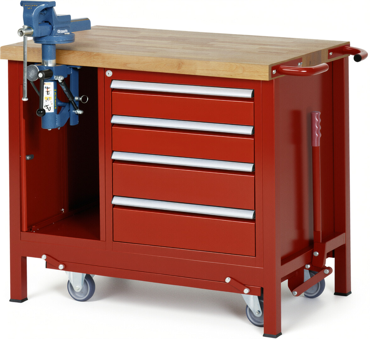 Absenkbare Werkbank Modell 8185 rot, BxTxH 1000x700x880 mm,  Buche-Massiv Arbeitsplatte 40 mm,  4 Schubladen mit  Vollauszug 100 % und  SoftClosing