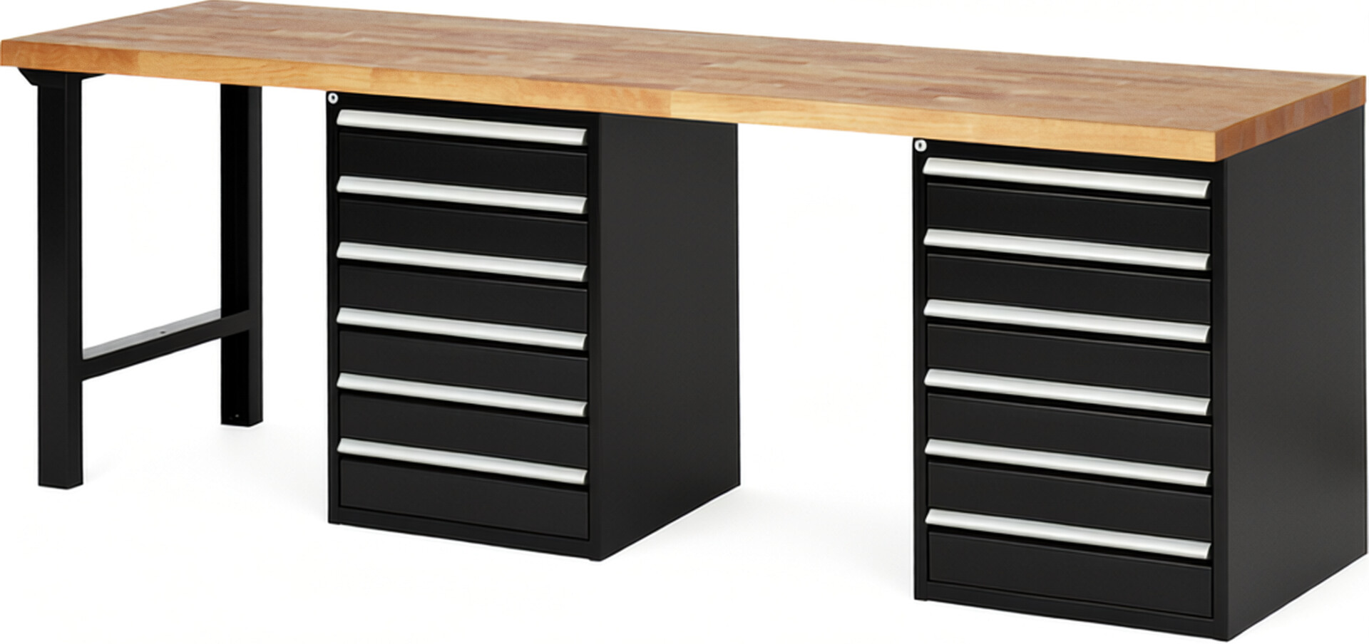 Werkbank Modell 7516 schwarz, BxTxH 2500x700x890 mm,  Buche-Massiv Arbeitsplatte 40 mm,  12 Schubladen mit  Auszug 90 %