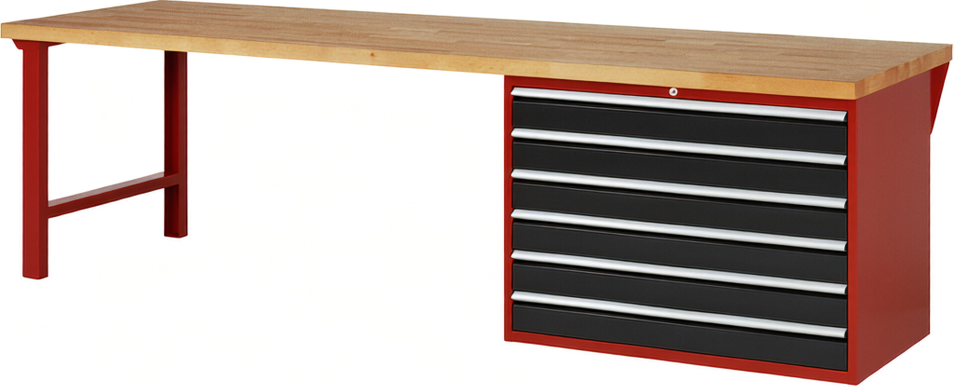 Werkbank Modell 7716 rot - schwarz, BxTxH 3000x900x840 mm,  Buche-Massiv Arbeitsplatte 40 mm,  6 Schubladen mit  Auszug 90 %