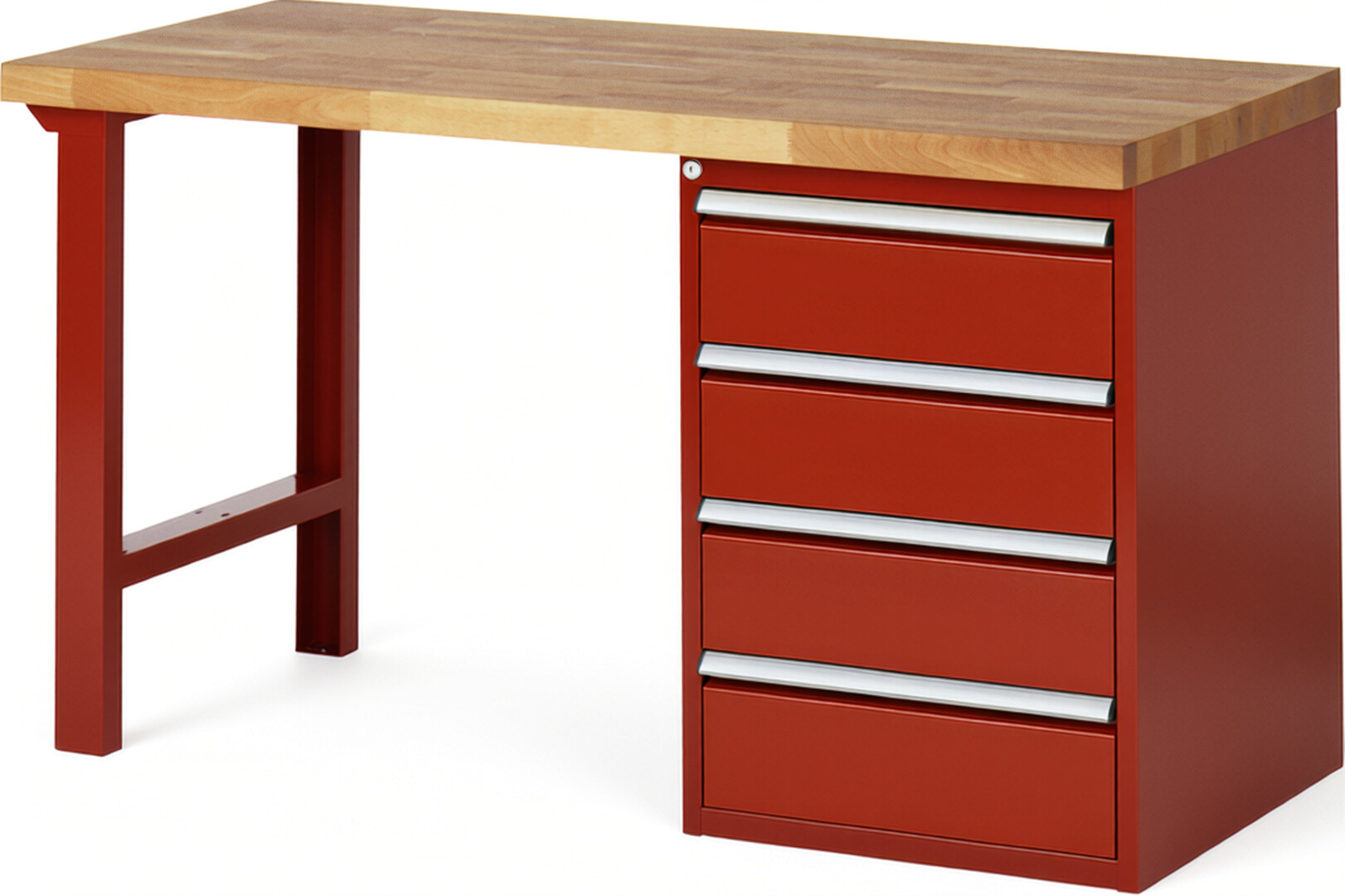 Werkbank Modell 7509 rot, BxTxH 1500x700x890 mm,  Buche-Massiv Arbeitsplatte 40 mm,  4 Schubladen mit  Vollauszug 100 % und  SoftClosing