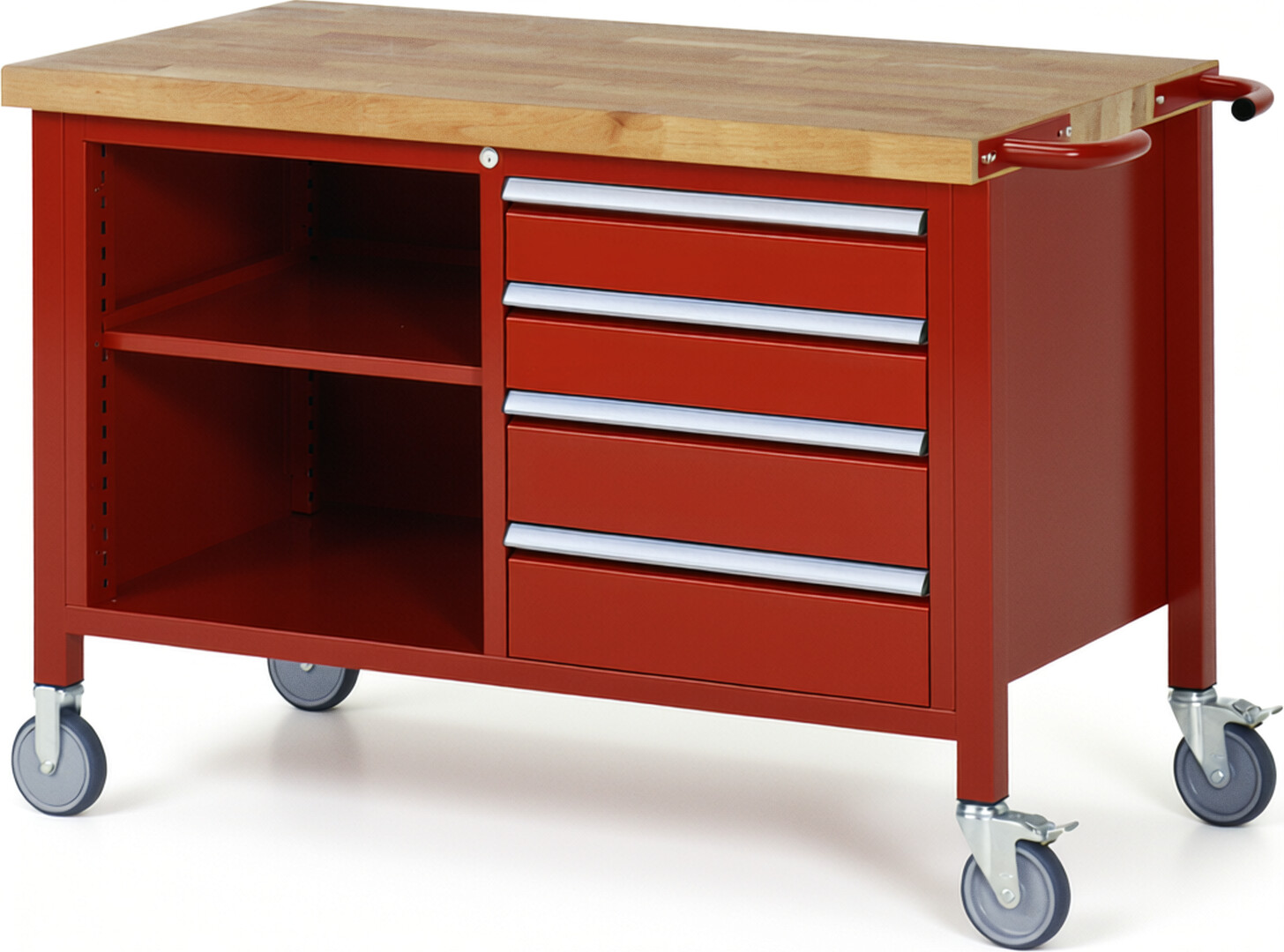 Fahrbare Werkbank Modell 8463 rot, BxTxH 1250x700x880 mm,  Buche-Massiv Arbeitsplatte 40 mm,  4 Schubladen mit  Auszug 90 %