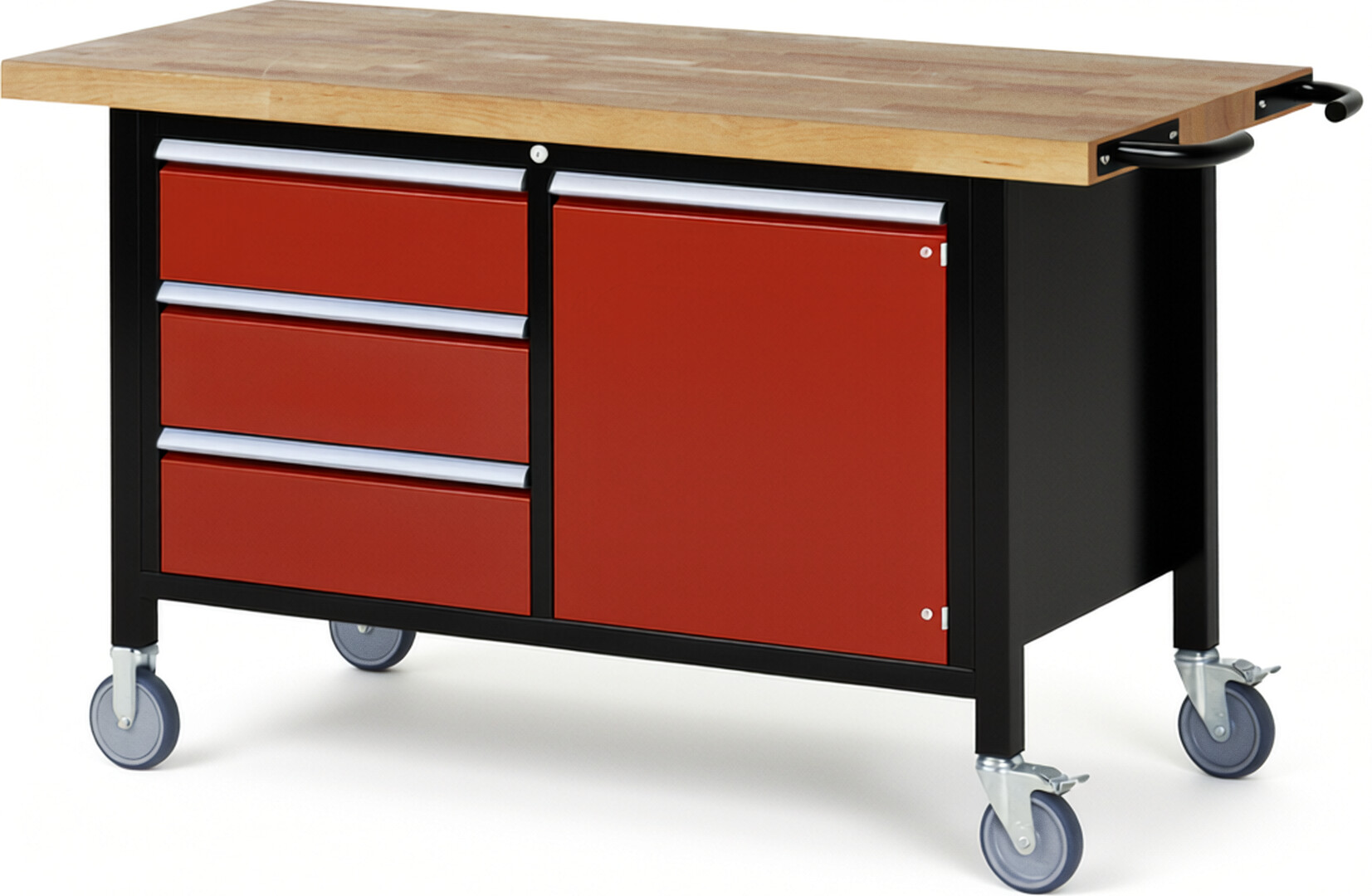 RAU Werkbank schwarz - rot - Breite 150 cm - Tiefe 70 cm - Höhe 88 cm - Buche-Massiv Arbeitsplatte 40 mm
