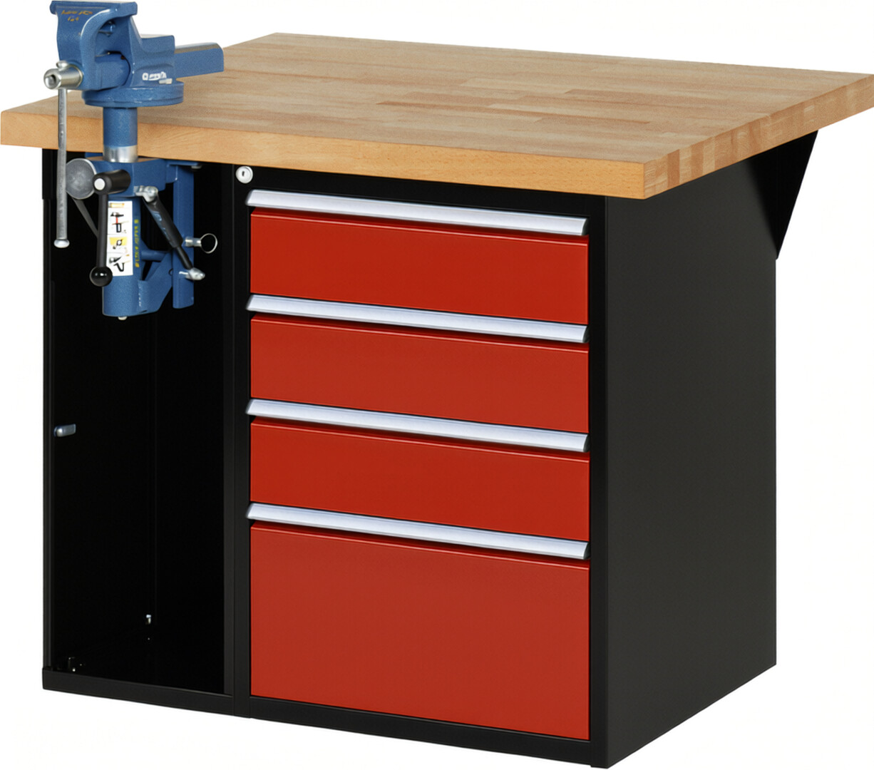 RAU Werkbank schwarz - rot - Breite 100 cm - Tiefe 90 cm - Höhe 89 cm - Buche-Massiv Arbeitsplatte 40 mm