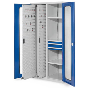 Werkzeugschrank - 2 Vertikalauszüge, 2 Schubladen, 3 Fachböden - Frontfarbe enzianblau, Türen mit Sichtfenstern, 1.950 x 1.000 x 600 mm (HxBxT)