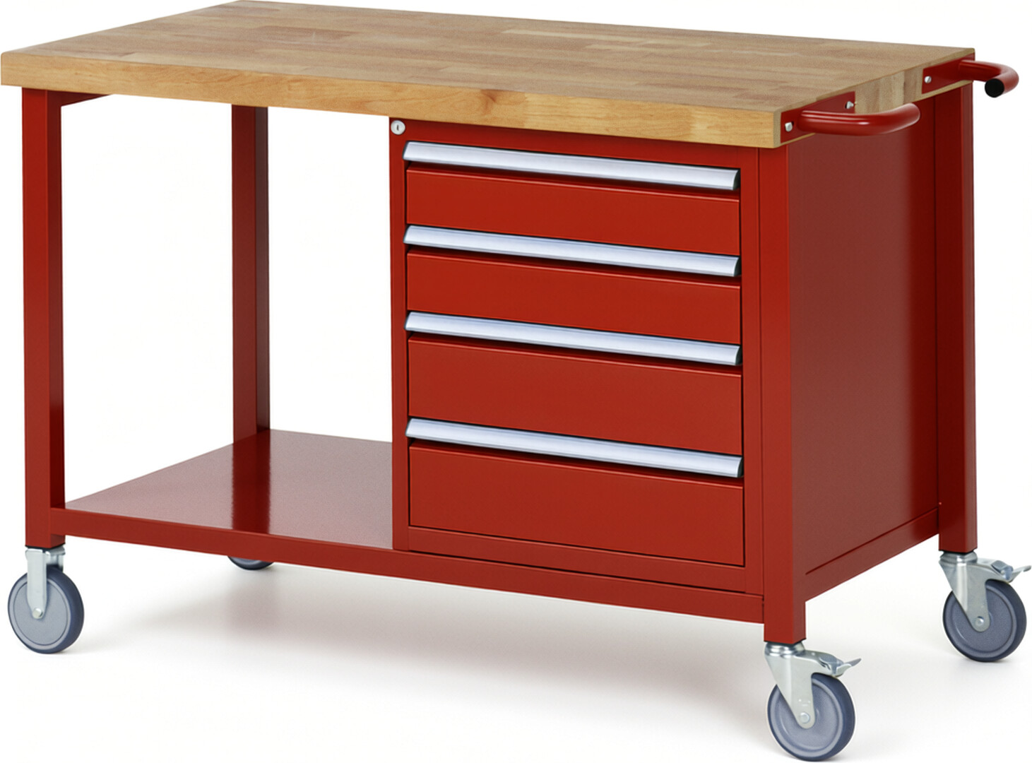 Fahrbare Werkbank Modell 8162 rot, BxTxH 1250x700x880 mm,  Buche-Massiv Arbeitsplatte 40 mm,  4 Schubladen mit  Auszug 90 %