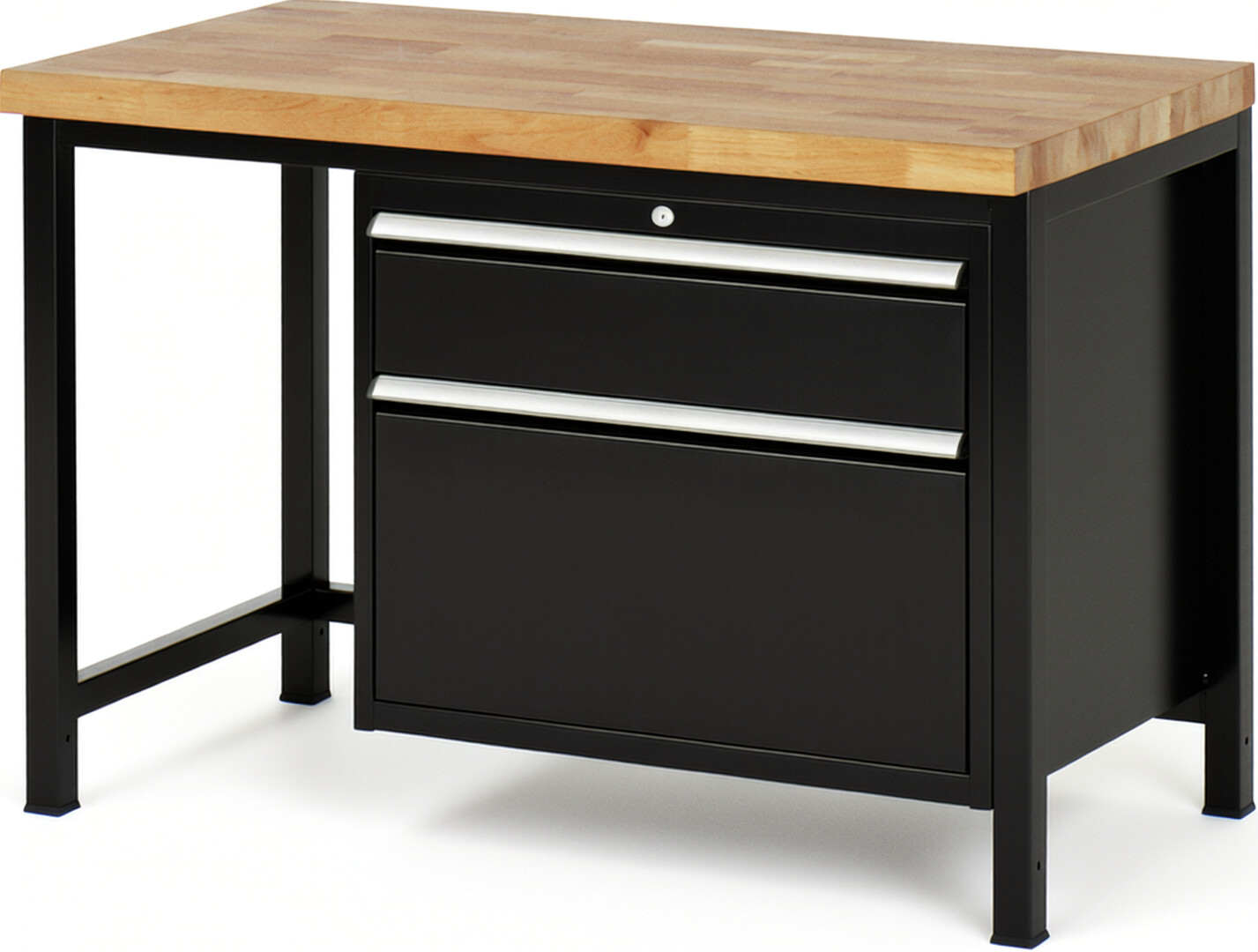 Werkbank Modell 8256 schwarz, BxTxH 1250x700x840 mm,  Buche-Massiv Arbeitsplatte 40 mm,  2 Schubladen mit  Auszug 90 %
