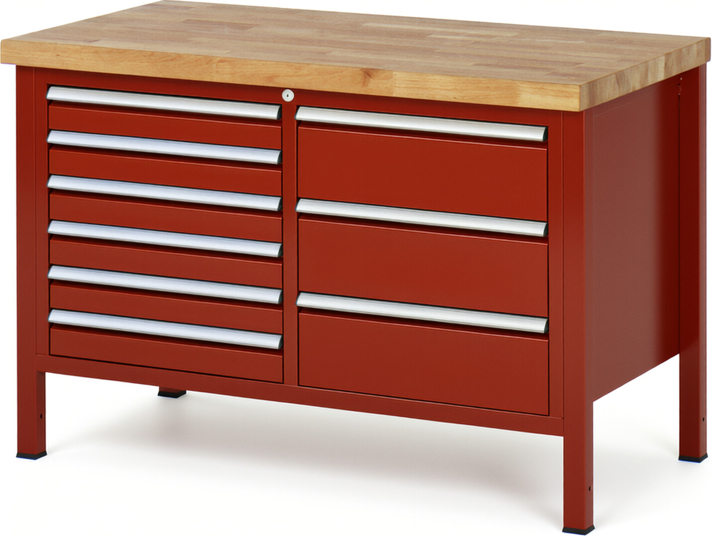 Werkbank Modell 8479 rot, BxTxH 1250x700x840-1040 mm,  Buche-Massiv Arbeitsplatte 40 mm,  9 Schubladen mit  Vollauszug 100 % und  SoftClosing