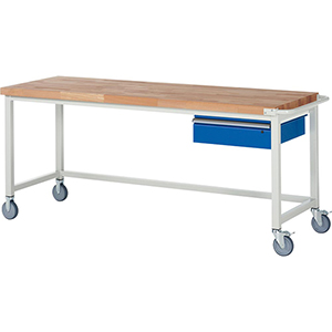 Fahrbare Werkbank, BxTxH 2000x700x880 mm, 1 Schublade 150 mm, Platte Buche 40 mm, RAL 7035/5010