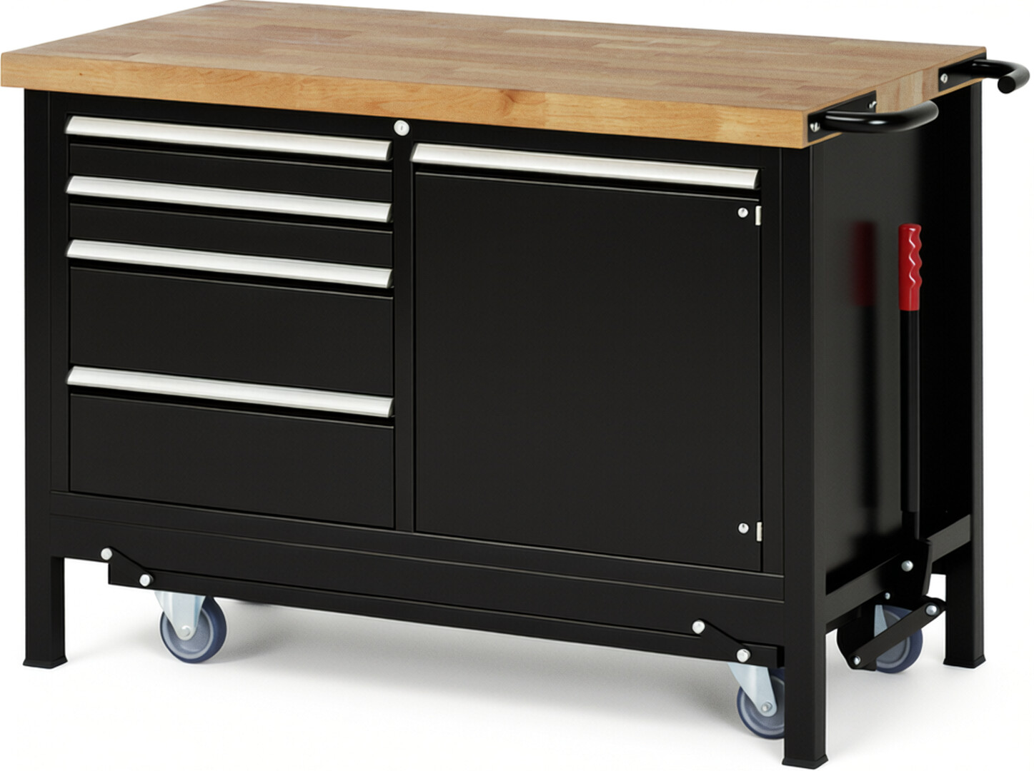 Absenkbare Werkbank Modell 8470 schwarz, BxTxH 1250x700x880 mm,  Buche-Massiv Arbeitsplatte 40 mm,  4 Schubladen mit  Vollauszug 100 % und  SoftClosing