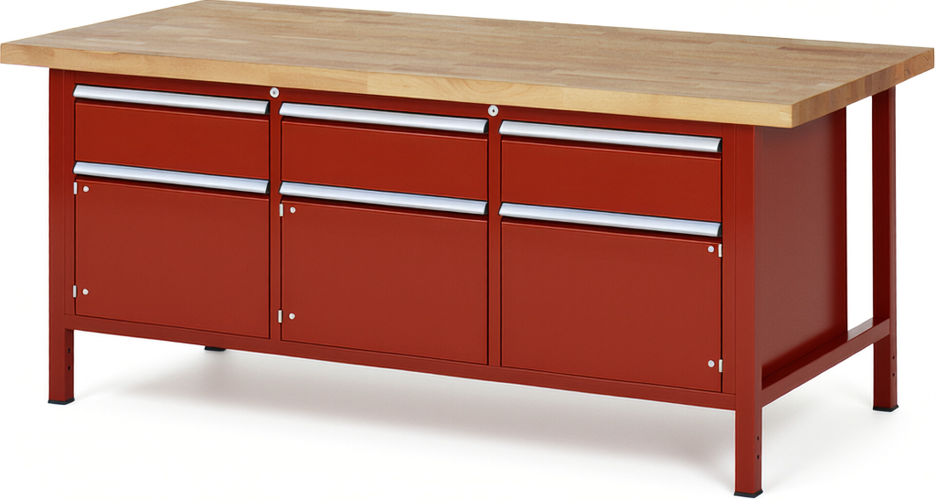Werkbank Modell 8567 rot, BxTxH 2000x900x840 mm,  Buche-Massiv Arbeitsplatte 40 mm,  3 Schubladen mit  Auszug 90 %