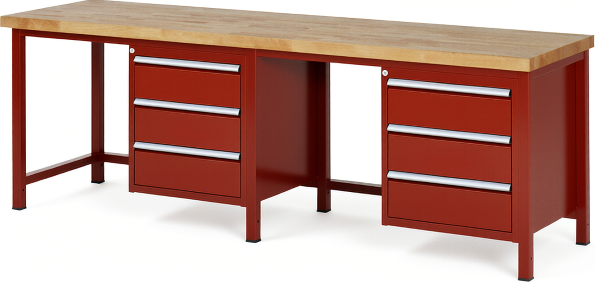 Werkbank Modell 8157 rot, BxTxH 2500x700x840 mm,  Buche-Massiv Arbeitsplatte 40 mm,  6 Schubladen mit  Vollauszug 100 % und  SoftClosing
