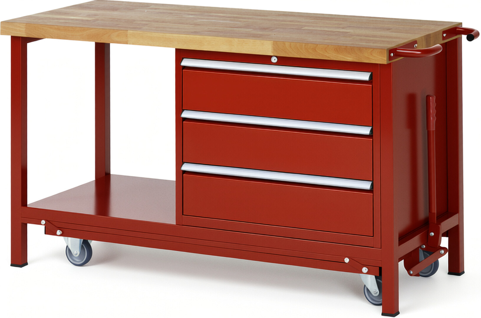 Absenkbare Werkbank Modell 8257 rot, BxTxH 1500x700x880 mm,  Buche-Massiv Arbeitsplatte 40 mm,  3 Schubladen mit  Vollauszug 100 % und  SoftClosing