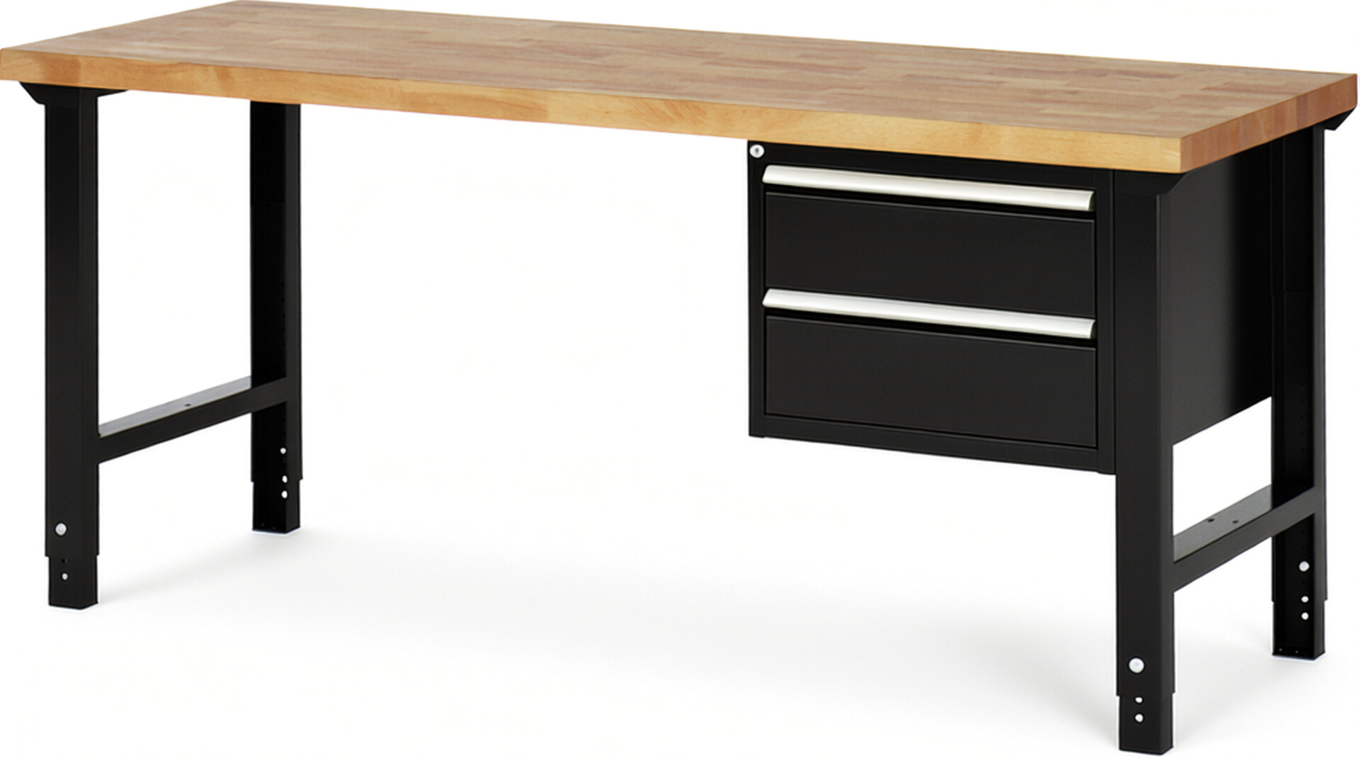 Werkbank Modell 7125 schwarz, BxTxH 2000x700x790-1140 mm,  Buche-Massiv Arbeitsplatte 40 mm,  2 Schubladen mit  Auszug 90 %