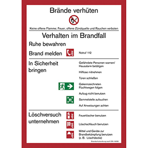 Hinweisschild Aushang Brände verhüten-Verhalten im Brandfall